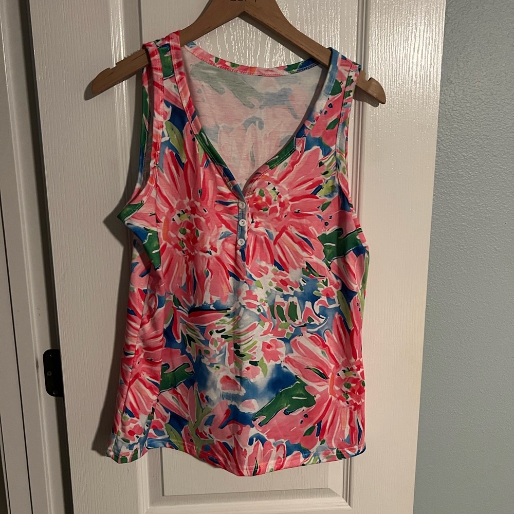 Vibrant Floral Tank Top - Pink and Blue